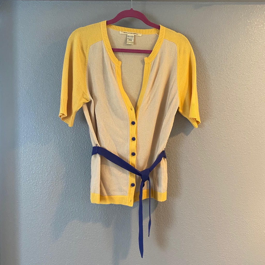 Dvf Cashmere Cardigan Color Block Sweater W/ Tie
